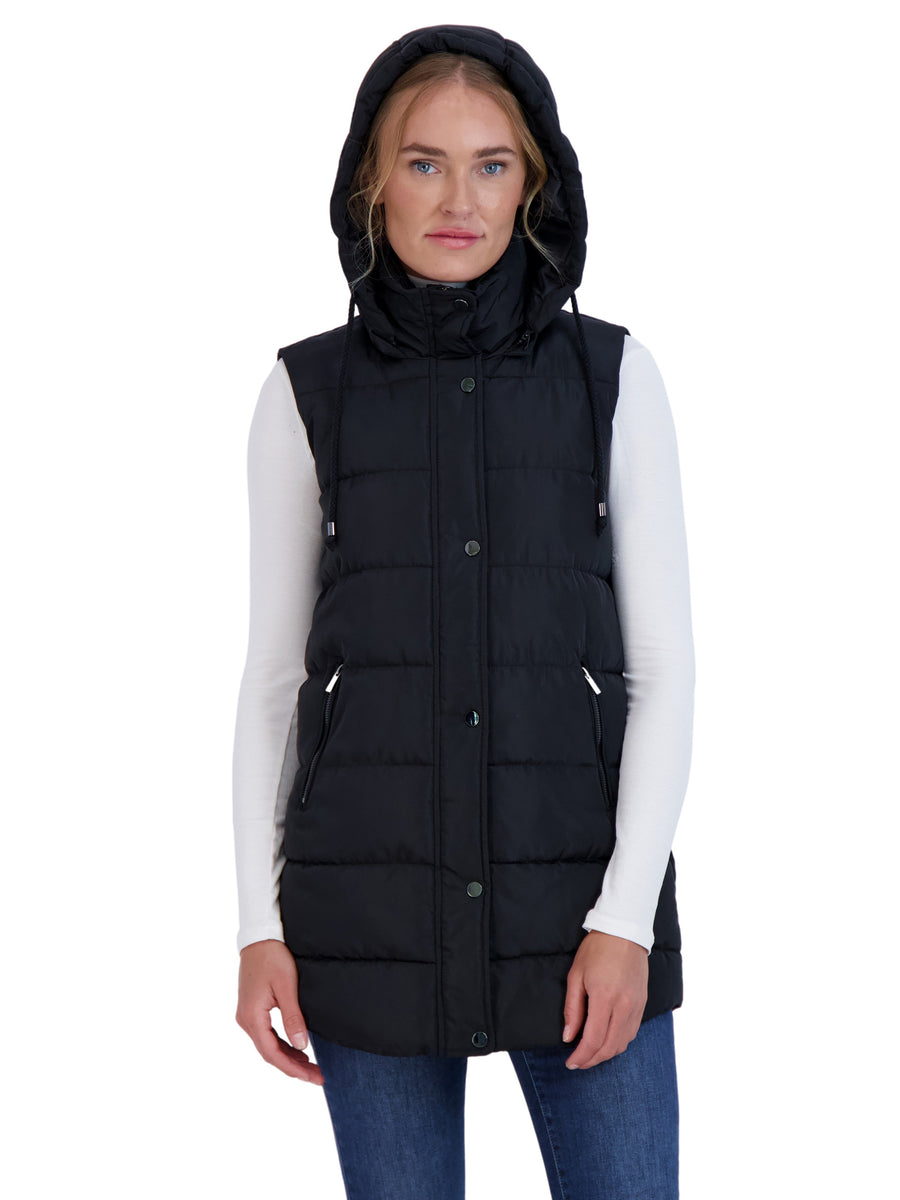 Sebby Collection Women's Long Puffer Vest with Detachable Hood