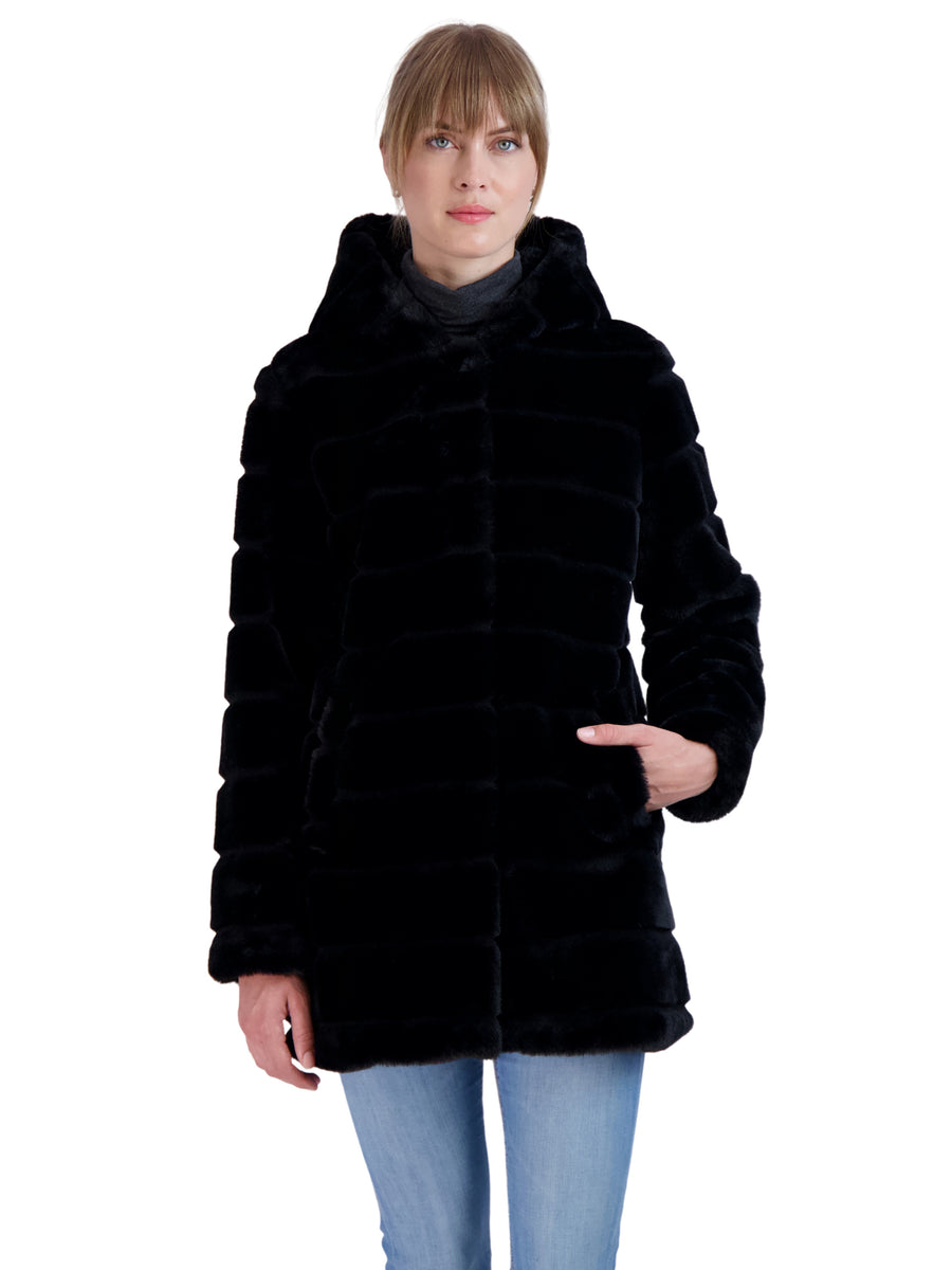 Sebby Coat Ruffles Sebby Collection Women's Hooded Grooved Faux Fur Coat