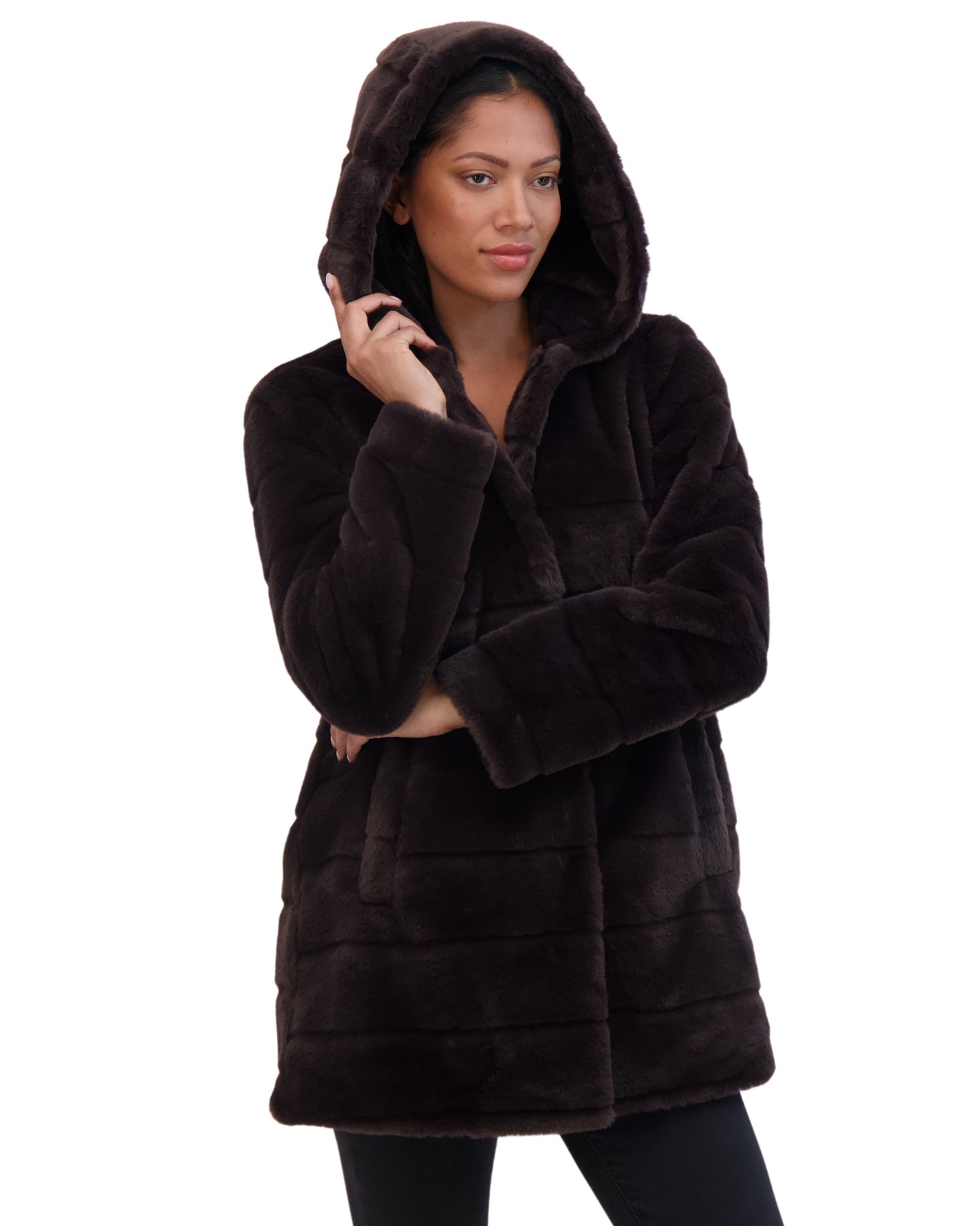 Sebby Coat Ruffles Sebby Collection Women's Hooded Grooved Faux Fur Coat