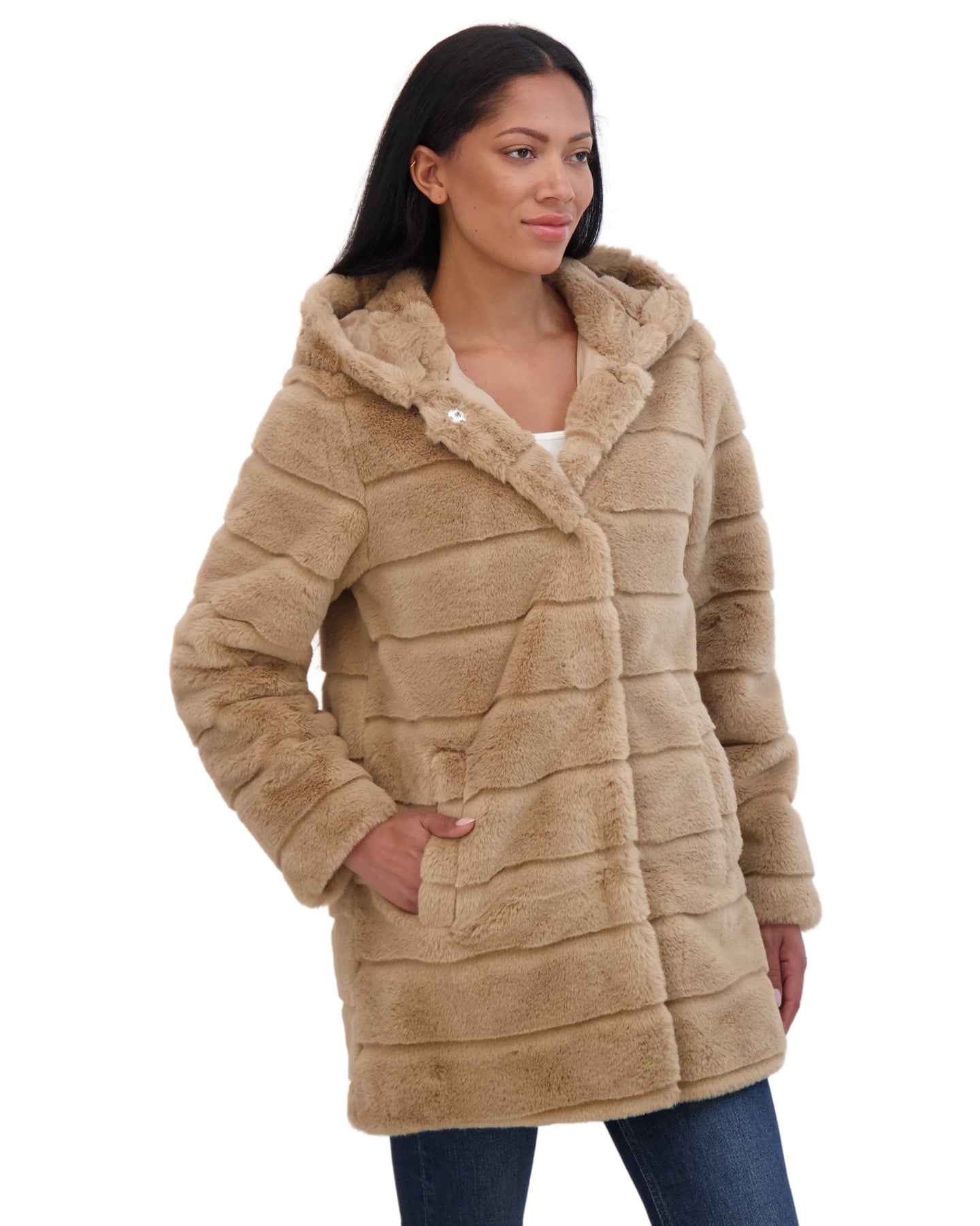 Sebby Coat Ruffles Sebby Collection Women's Hooded Grooved Faux Fur Coat