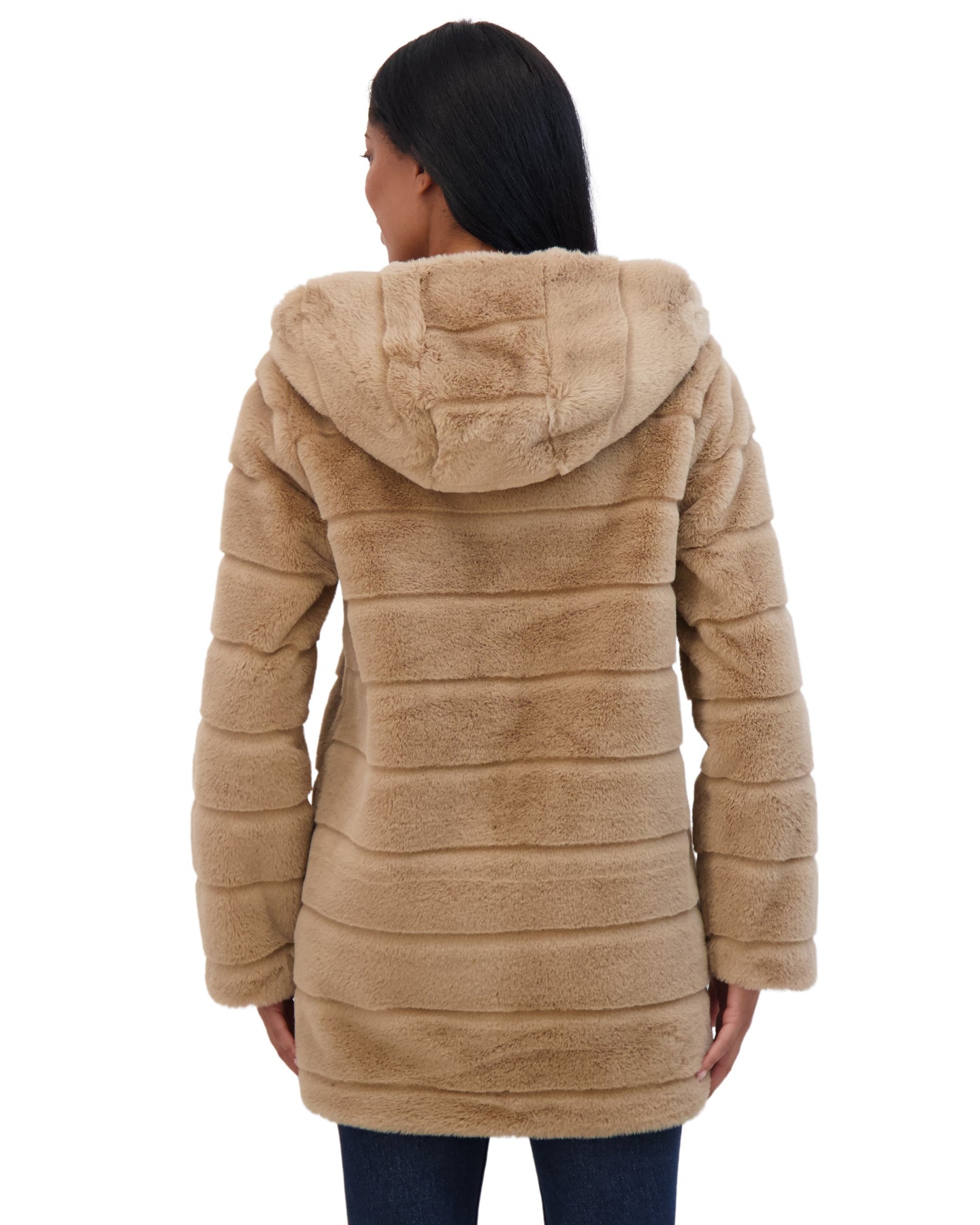 Sebby Coat Ruffles Sebby Collection Women's Hooded Grooved Faux Fur Coat
