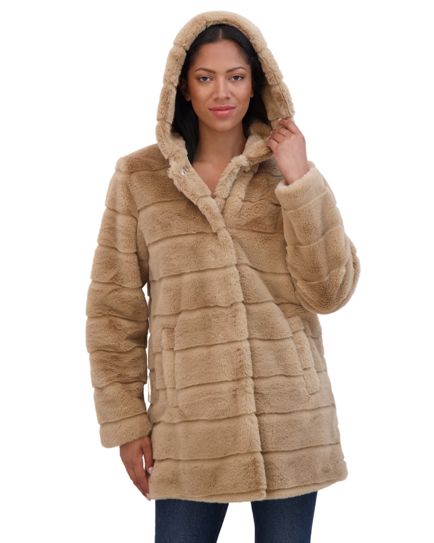 Sebby Coat Ruffles Sebby Collection Women's Hooded Grooved Faux Fur Coat
