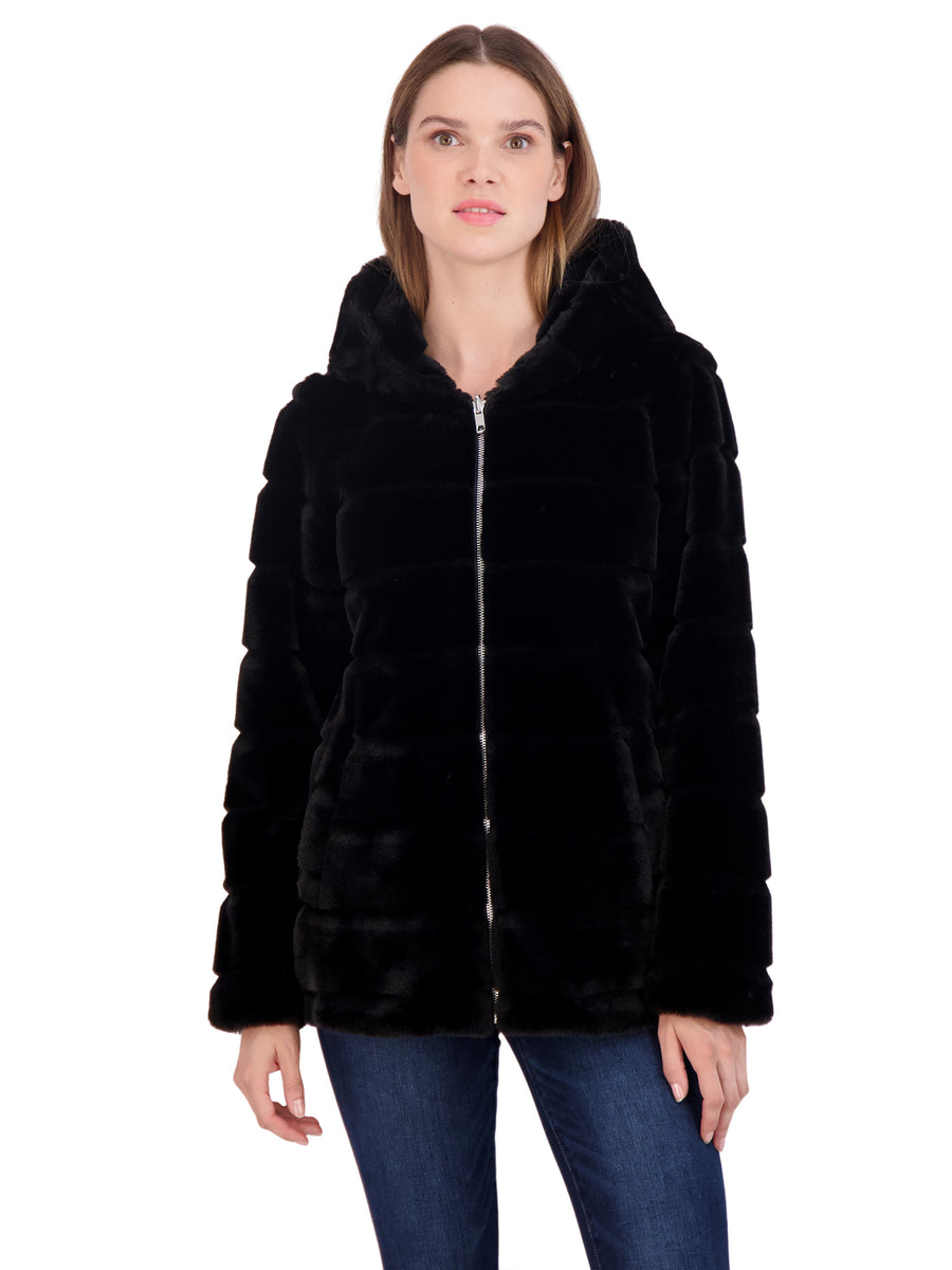 Sebby Coat Ruffles Sebby Collection Women's Hooded Grooved Faux Fur Zip Front Coat