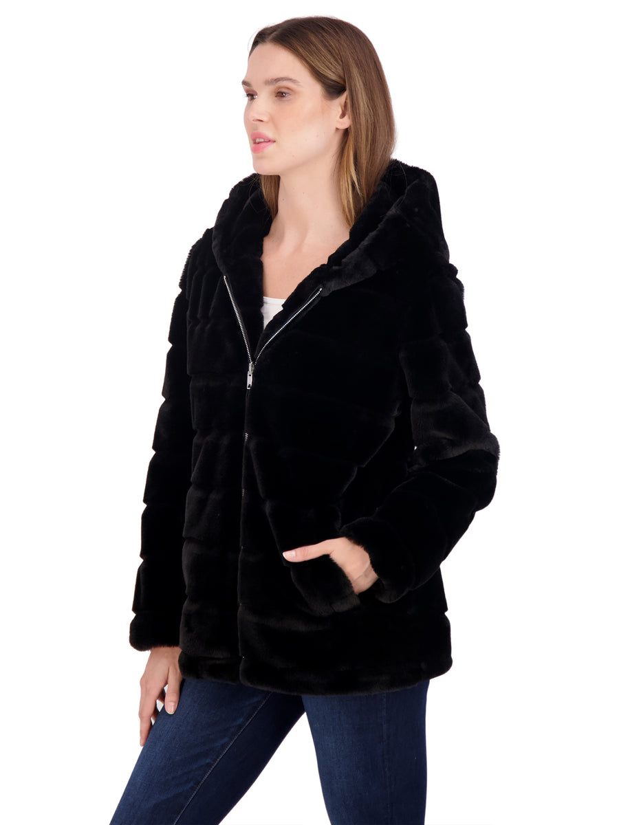 Sebby Coat Ruffles Sebby Collection Women's Hooded Grooved Faux Fur Zip Front Coat