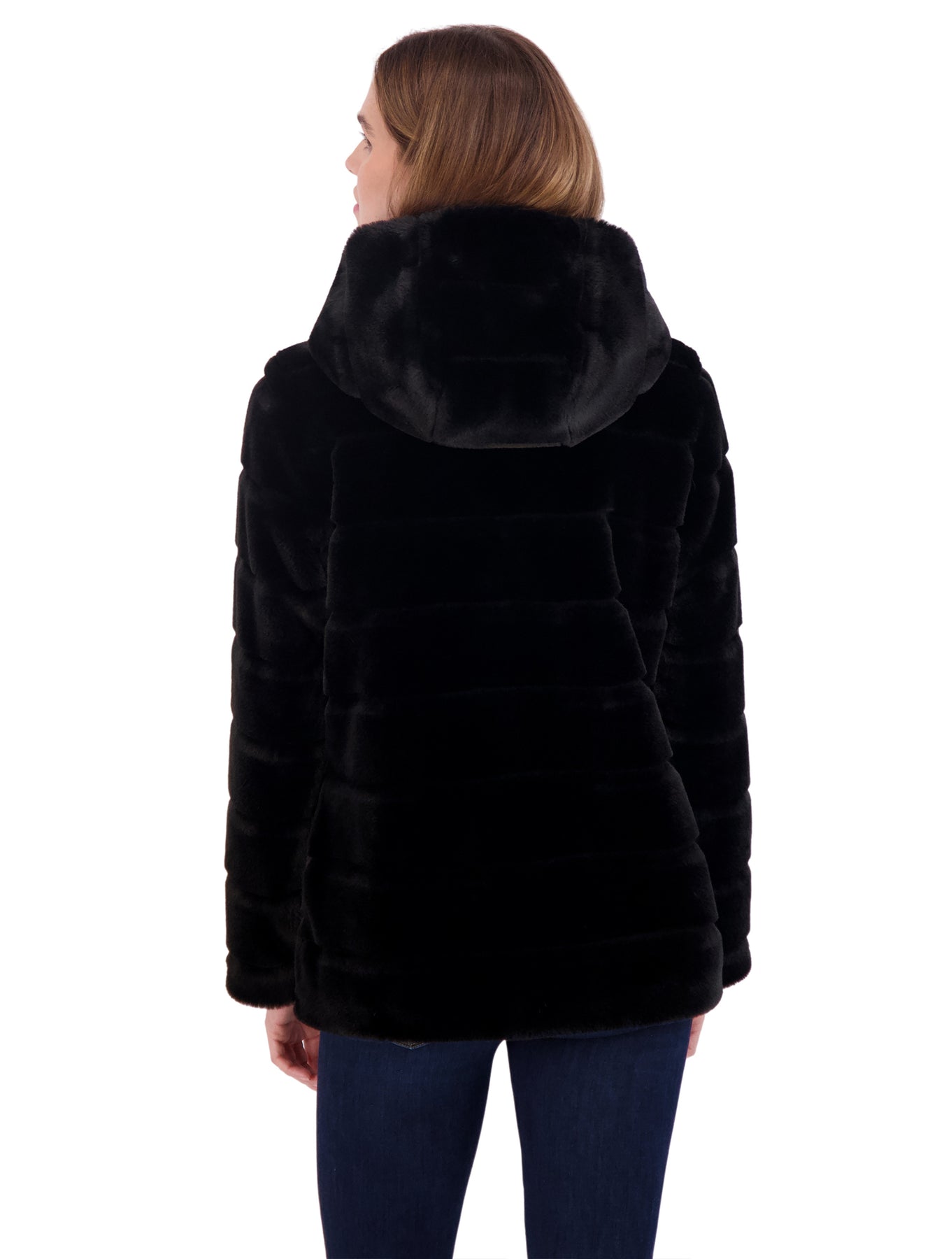 Sebby Coat Ruffles Sebby Collection Women's Hooded Grooved Faux Fur Zip Front Coat