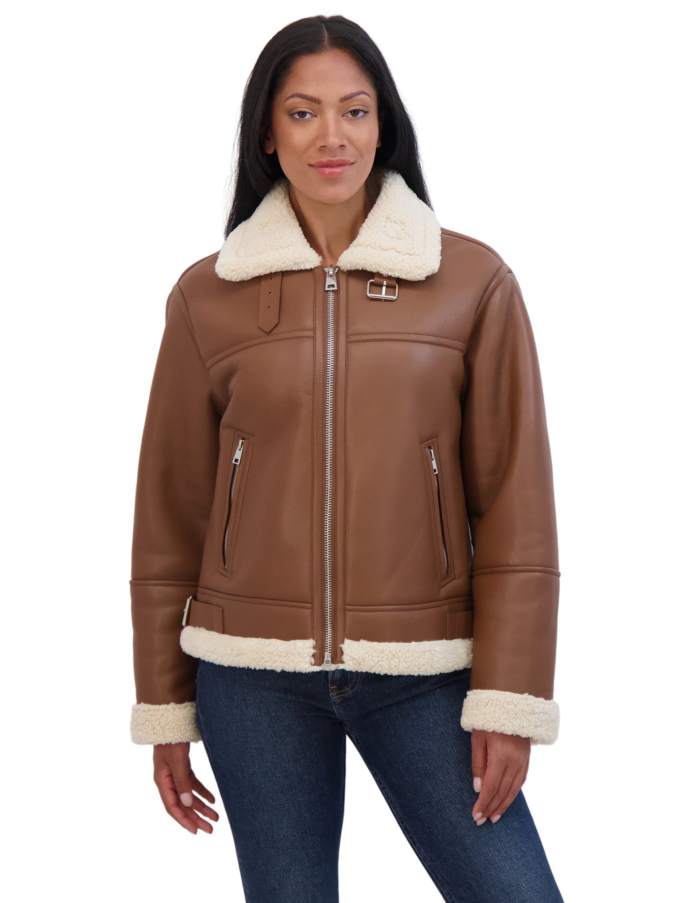 Sebby Collection Women s Zip Front Faux Leather Shearling Jacket Black