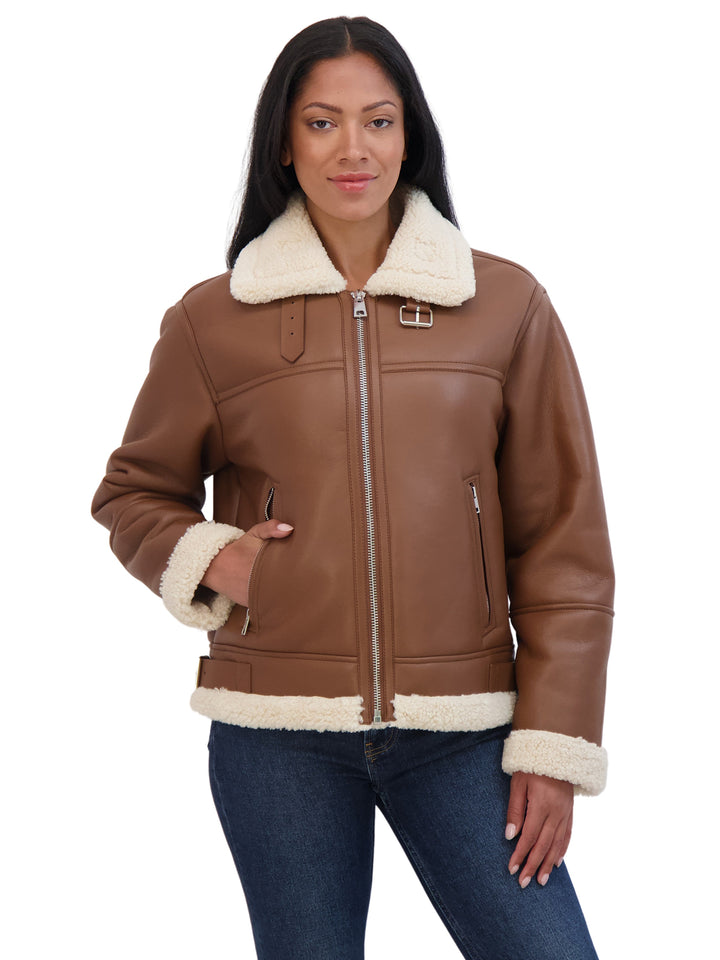 【PORTERNA】Ranby shearling buckle leather jacket Women's Distressed Brown Leather Jacket Genuine Lambskin