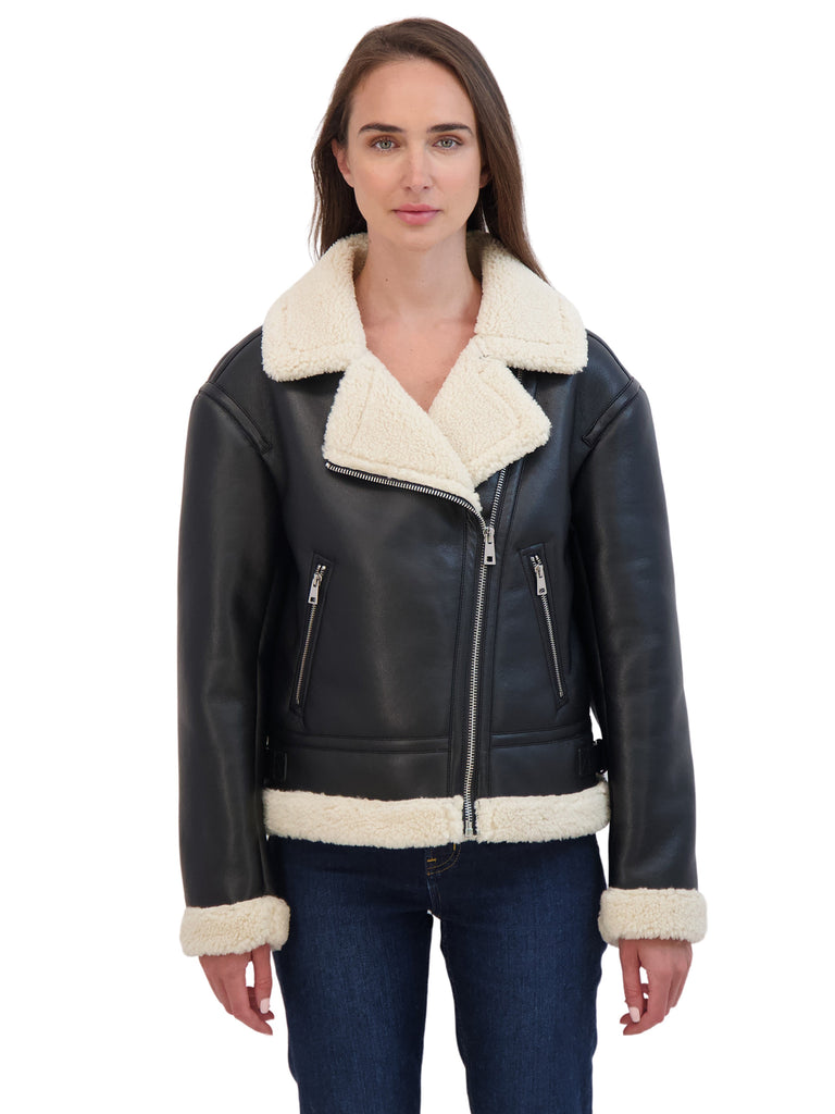 Sebby Collection Women's Moto Zip Front Faux Leather Shearling Jacket