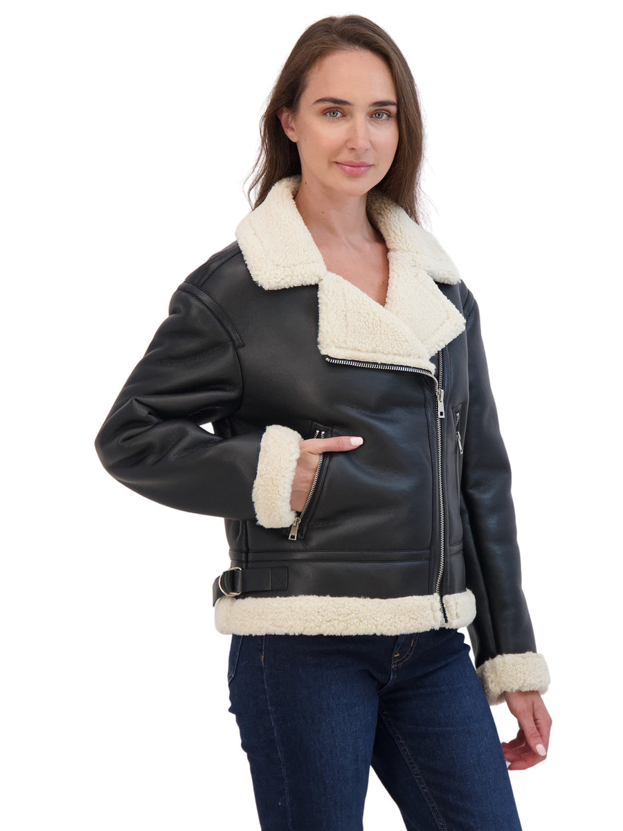 Sebby Collection Women's Moto Zip Front Faux Leather Shearling Jacket