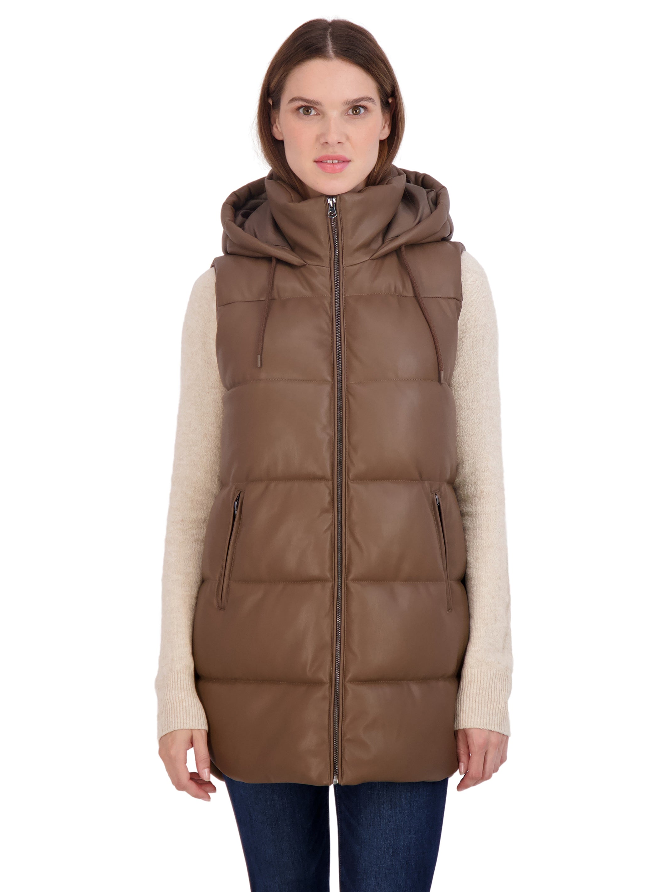 ベスト+ジレ CFT.boa hood short vest (brown) Tazeap Women's Puffy Vest Jacket Solid Warm Down Sleeveless