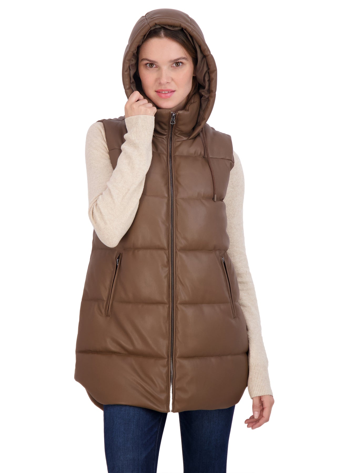 Sebby Collection Women s Puffer Faux Leather Vest with Hood