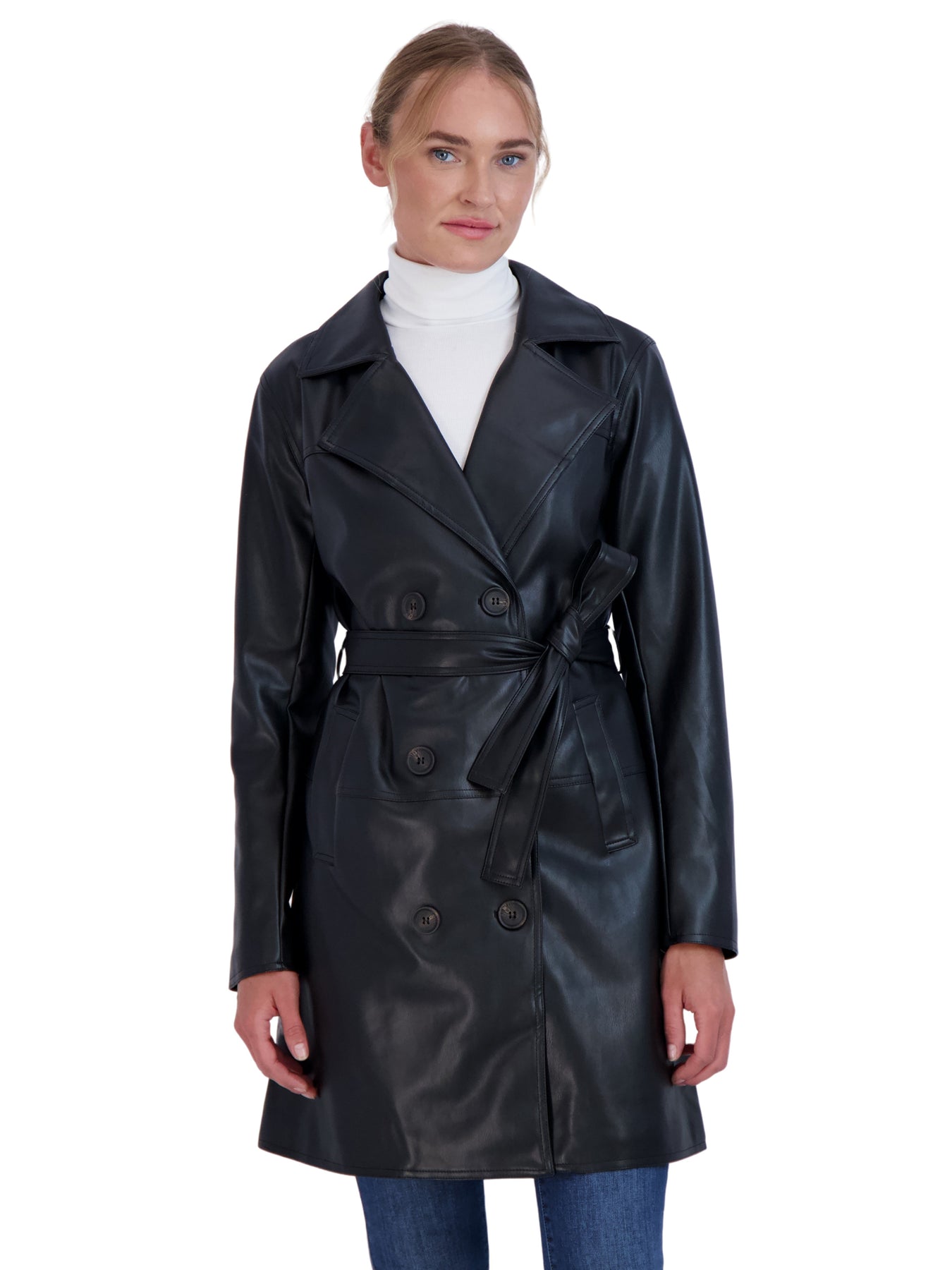 Sebby Coat Ruffles Sebby Collection Women's Faux Leather Trench Coat