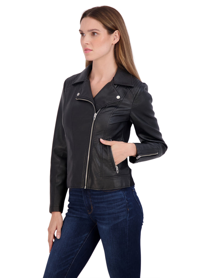 Sebby Collection Women s Faux Leather Biker Jacket Brown