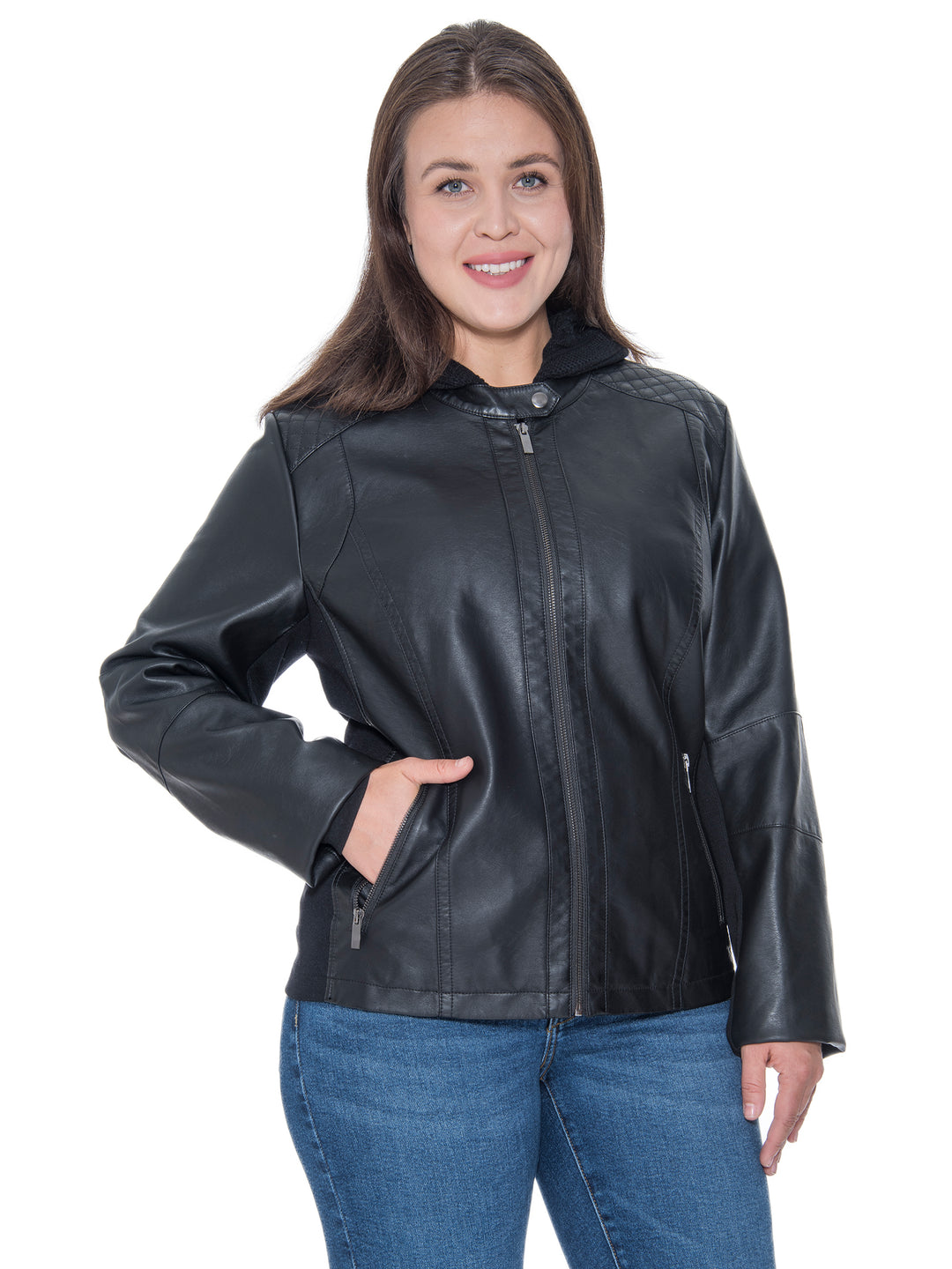 Sebby Collection Plus Size Faux Leather Zip Front Jacket