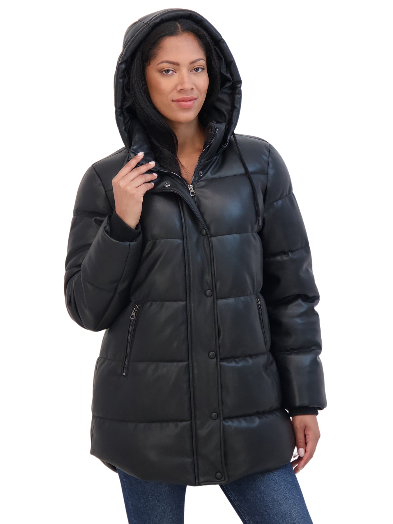 Sebby Collection Women s Faux Leather 3 4 Puffer Jacket with Hood Toffee