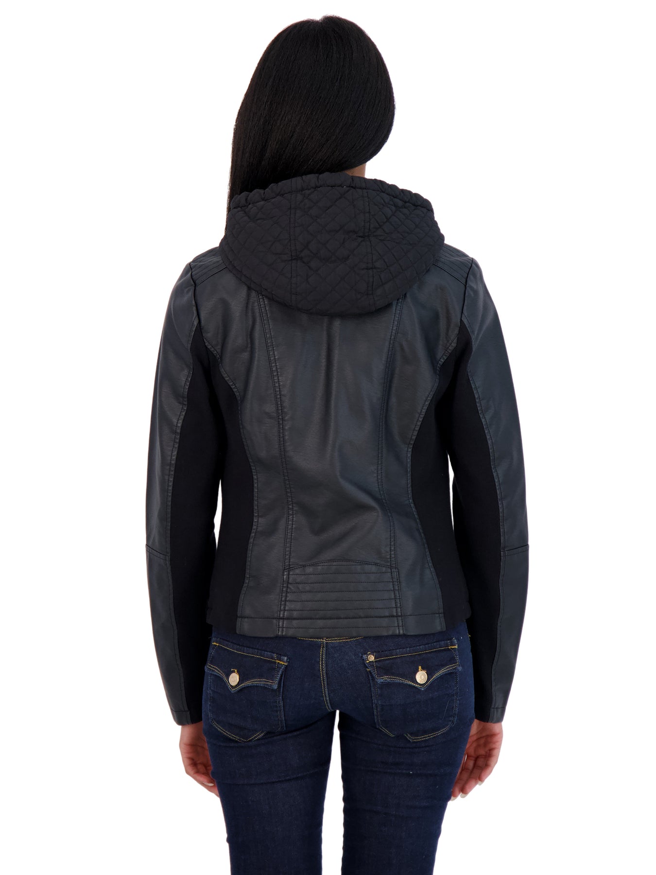 Sebby Collection Women's Faux Leather Jacket with Quilted Hood and Bib