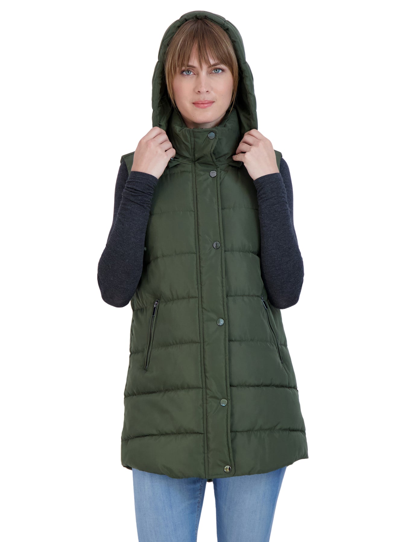 Sebby Collection Women's Long Puffer Vest with Detachable Hood