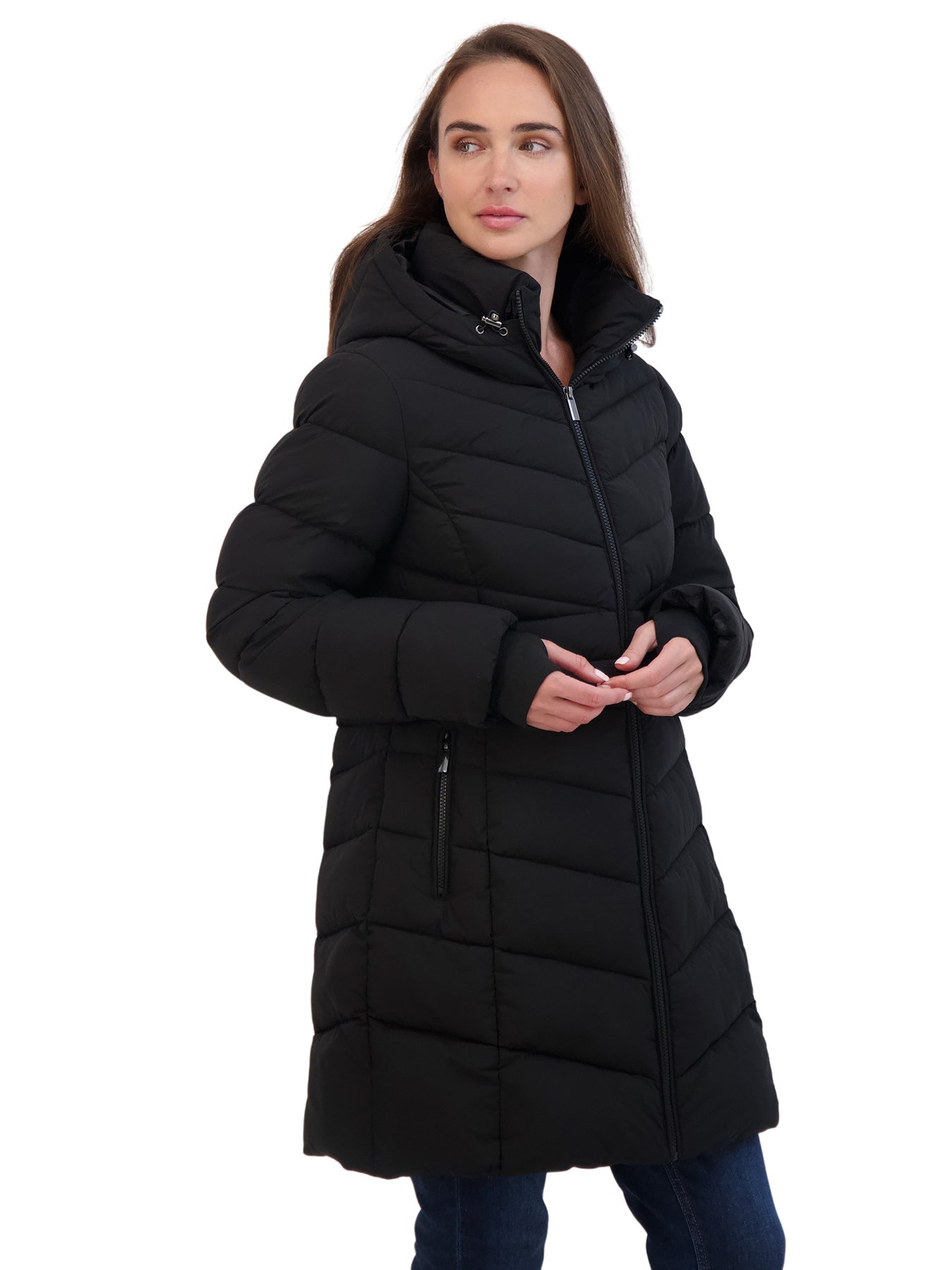 Sebby Coat Ruffles Sebby Collection Women's 3/4 Hooded Stretch Puffer Coat