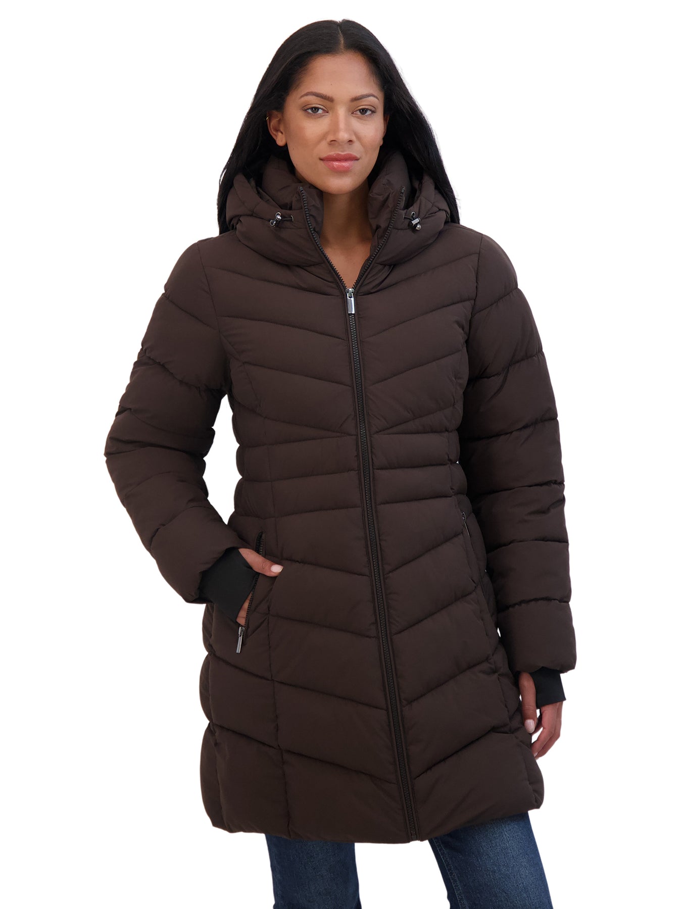 Sebby K Sebby Collection Women's 3/4 Hooded Stretch Puffer Coat