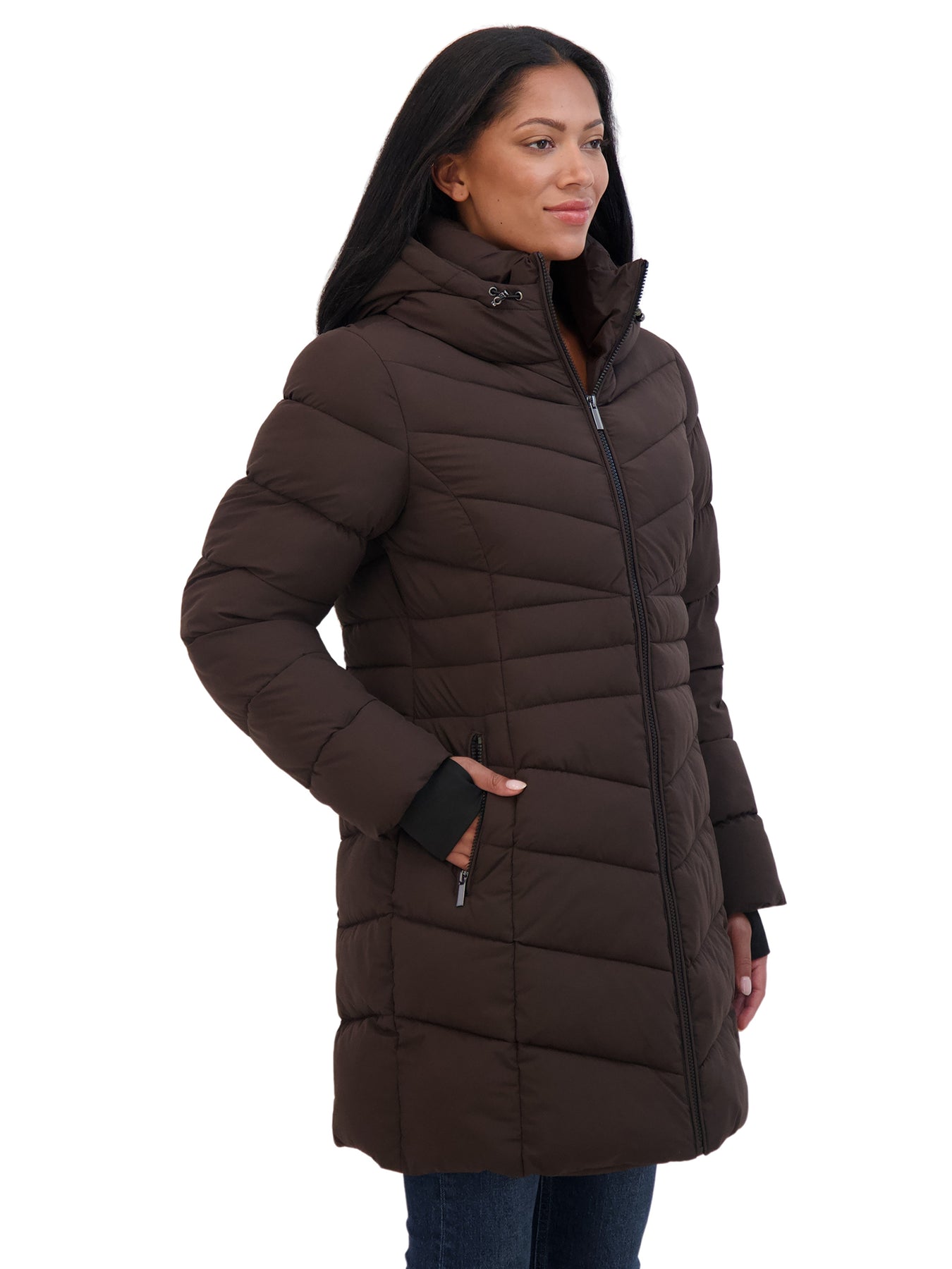 Sebby Coat Ruffles Sebby Collection Women's 3/4 Hooded Stretch Puffer Coat