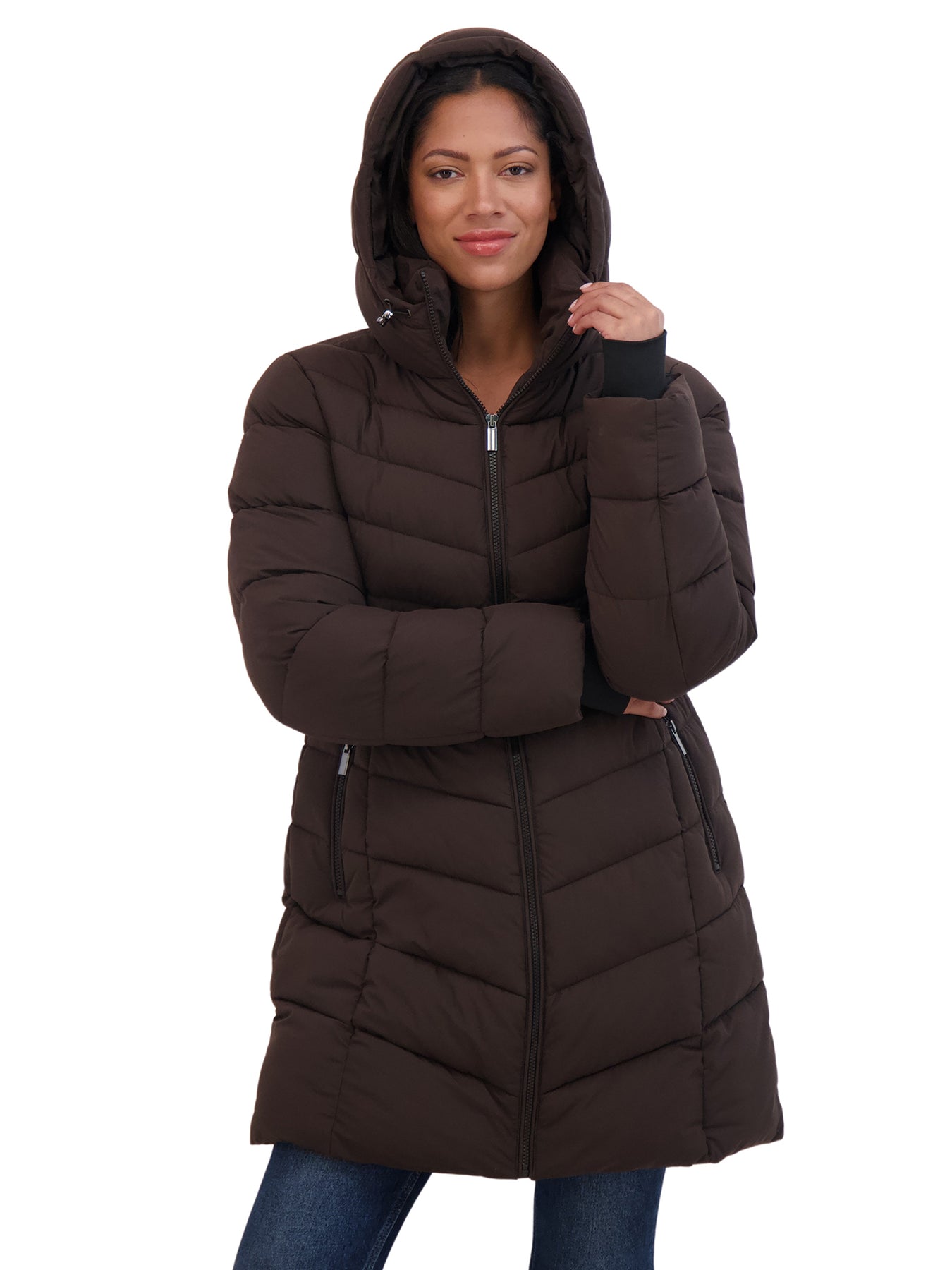 Sebby Coat Ruffles Sebby Collection Women's 3/4 Hooded Stretch Puffer Coat
