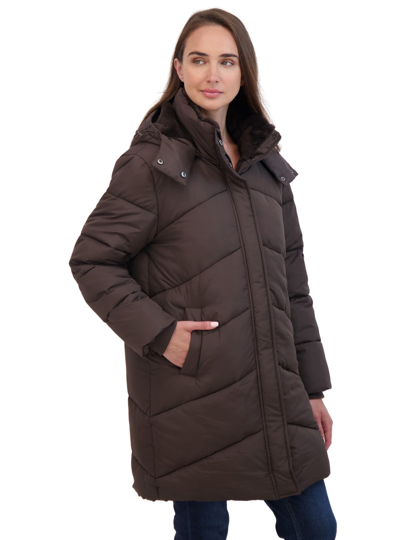 Sebby Coat Ruffles Sebby Collection Women's 3/4 Cozy Lined Hooded Puffer Coat