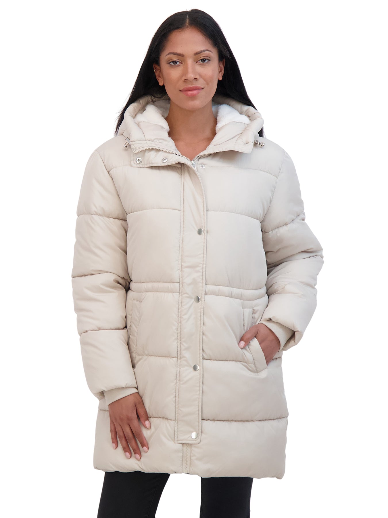 Sebby Coat Ruffles Sebby Collection Women's 3/4 Cozy Lined Hooded Puffer Coat With Drawst