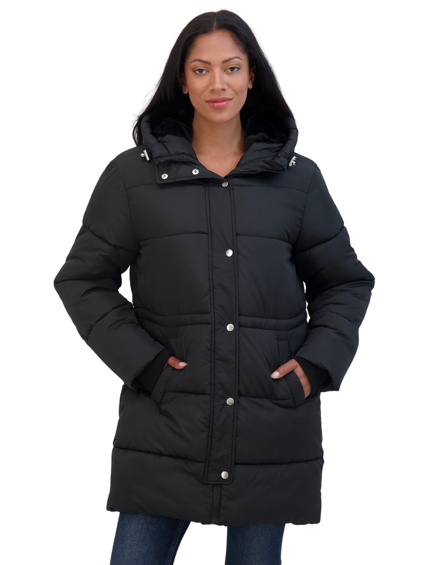 Sebby Coat Ruffles Sebby Collection Women's 3/4 Cozy Lined Hooded Puffer Coat With Drawst