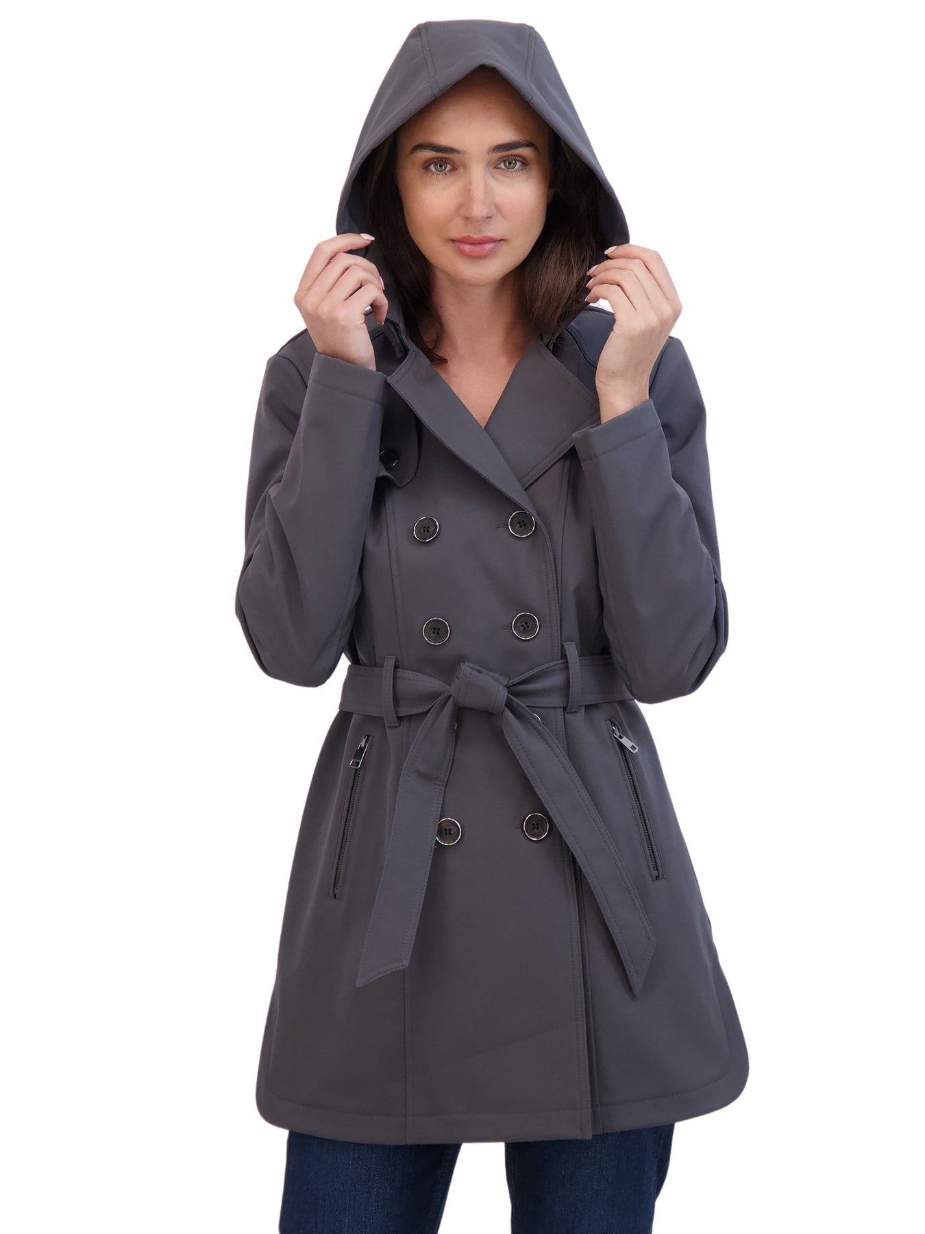 Sebby Collection Women s Belted Double Breasted Soft Shell Trench Coat