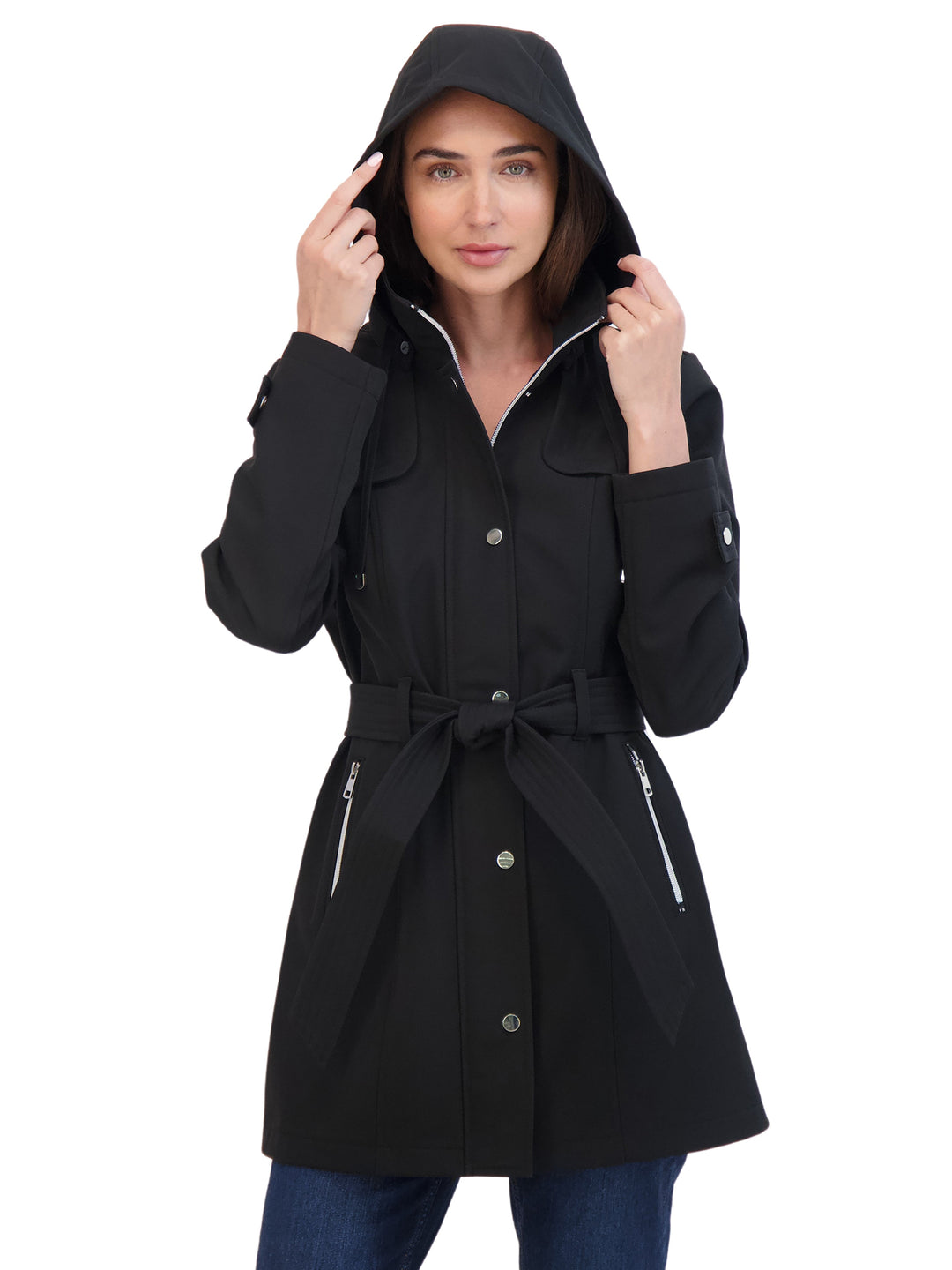Sebby Collection Women s Belted Zip Front Soft Shell Trench Coat with Detachable Hood Black